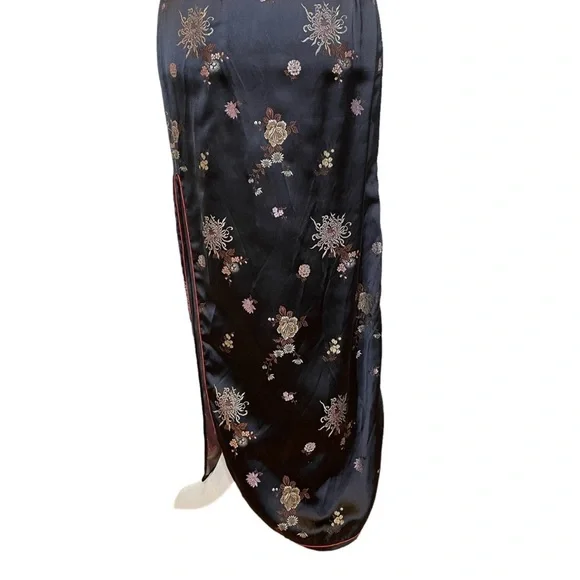 Vintage 90s SOLZ Squirrel Black Floral Satin Cheongsam Maxi Dress Size 34 Small